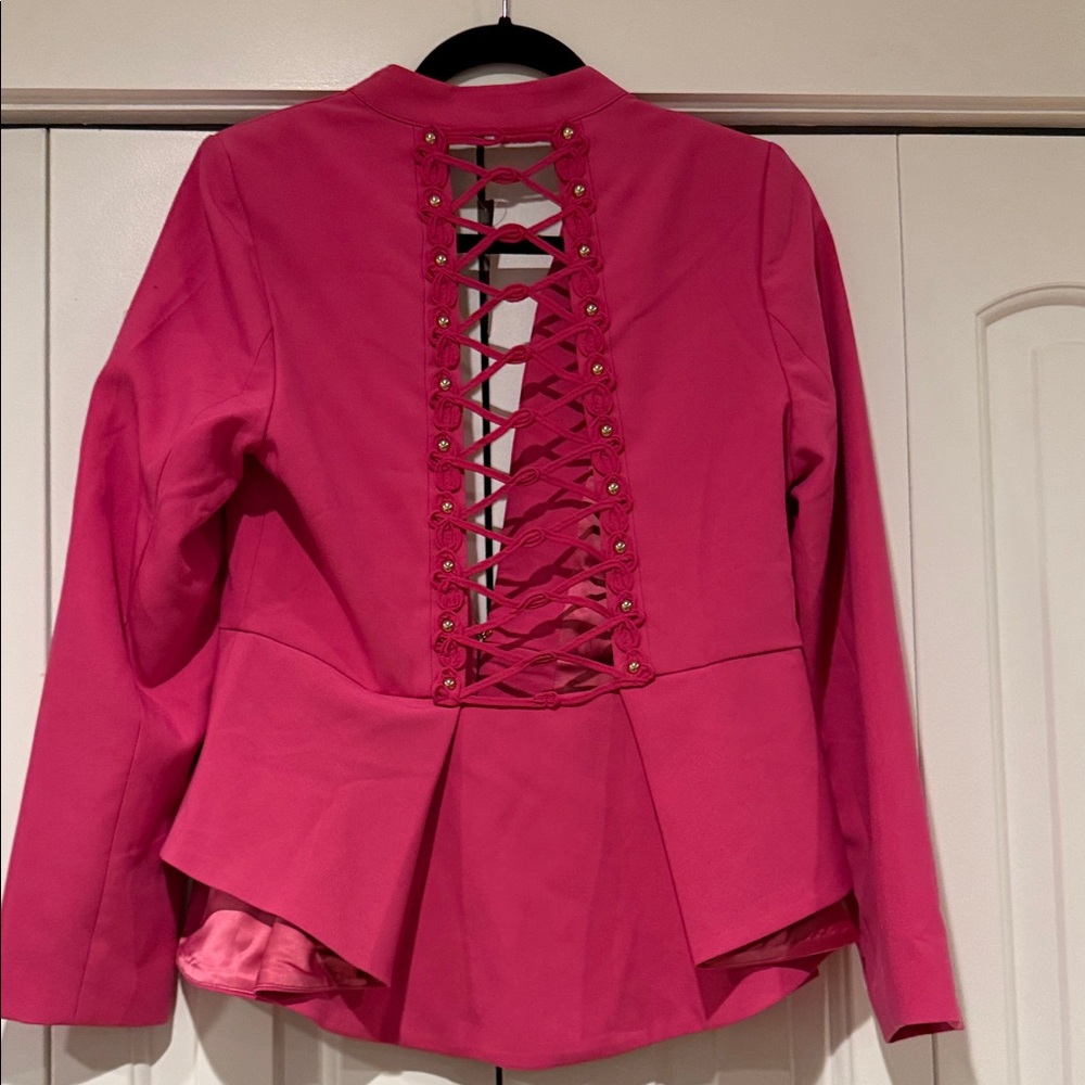 Bebe stretch twill lace up back Vibrant Pink Blazer 6 NWT‎ - Picture 3 of 7